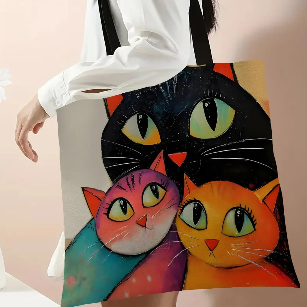 1 Stück gestapelte Katzenhandtasche, wiederverwendbare modische Handtasche, multifunktionale Handtasche, bedruckte Einkaufstasche aus Segeltuch – Detail 4
