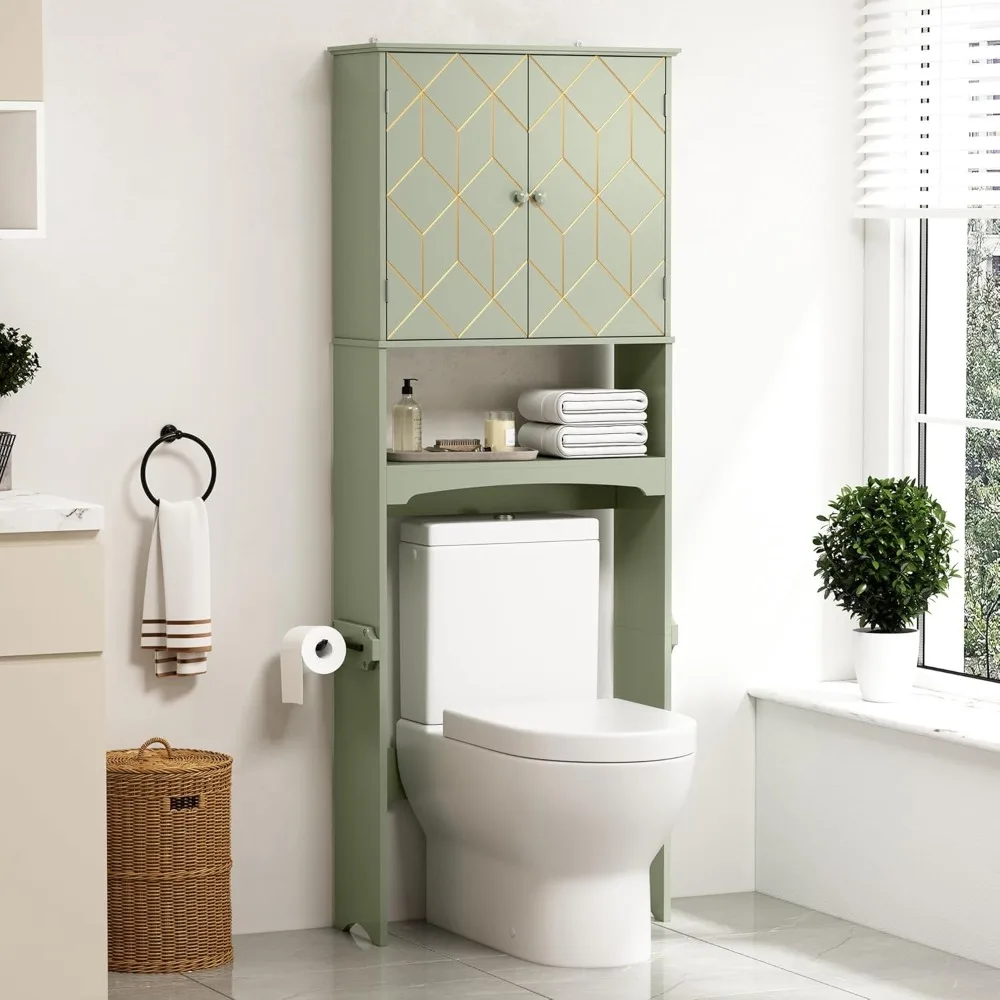 

Over The Toilet Storage Cabinet with Gold Trim, Modern Bathroom Organizer Over Toilet with Adjustable Shelves and Toilet Paper