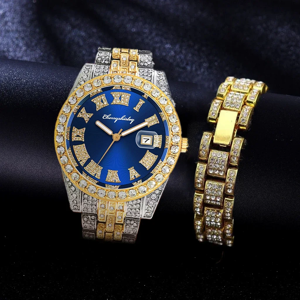 2pcs Top Brand Full Iced Out Watches Mens Bracelet Bling Jewelry Male Golden Diamond Hip Hop Wristwatch Set Clocks Gifts Reloj