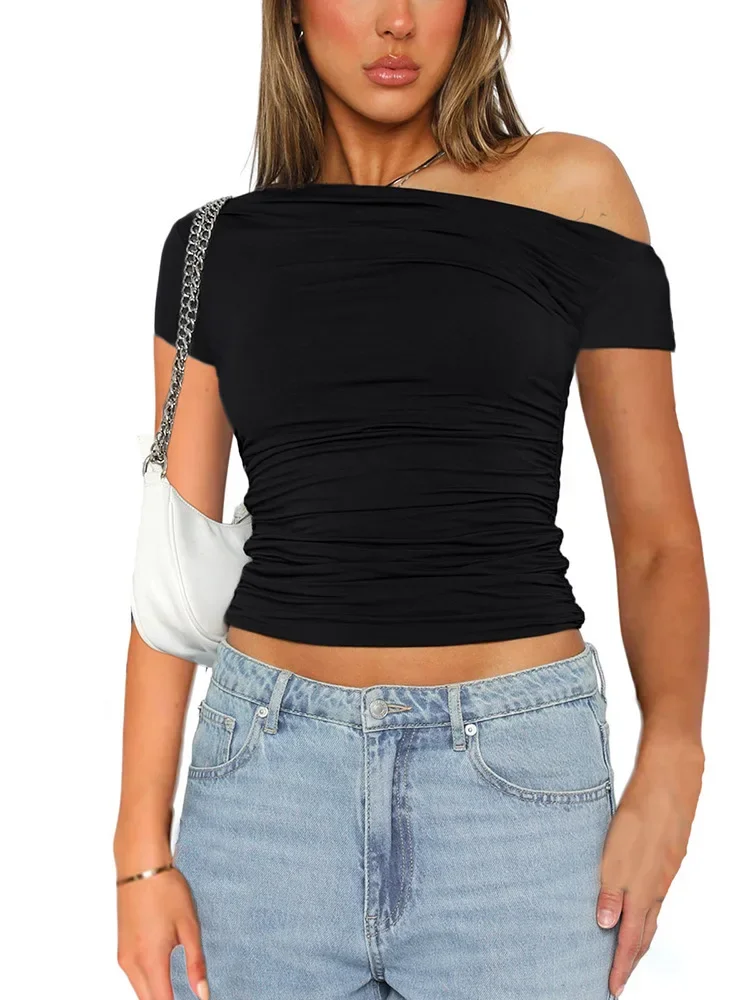 Solid Color High Elasticity Fabric Slash Shoulder Short Sleeve Pleated Navel Reveal Top for Women Casual Shrinkage Top
