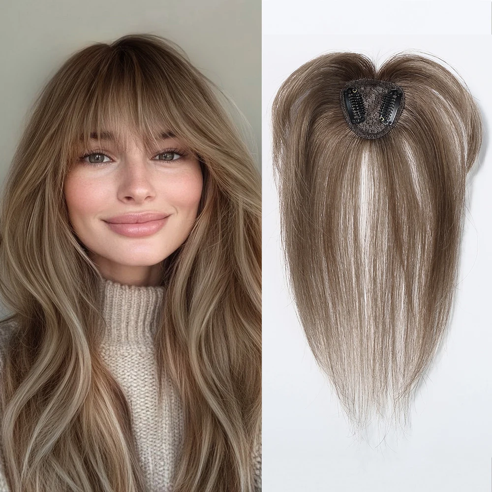 Human Hair Toppers Brown Ombre 3D Wispy Bangs Full Coverage for Women Hair Loss Natural Looking Topper Hairpieces Real Hair