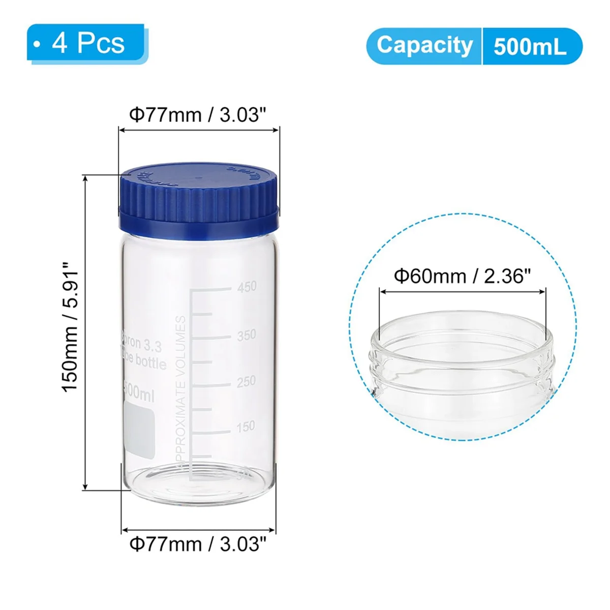 4 Pack Reagent Media Storage Bottles, 500ml Borosilicate Glass Wide Mouth Graduated Round Bottles with GL32 Screw Cap