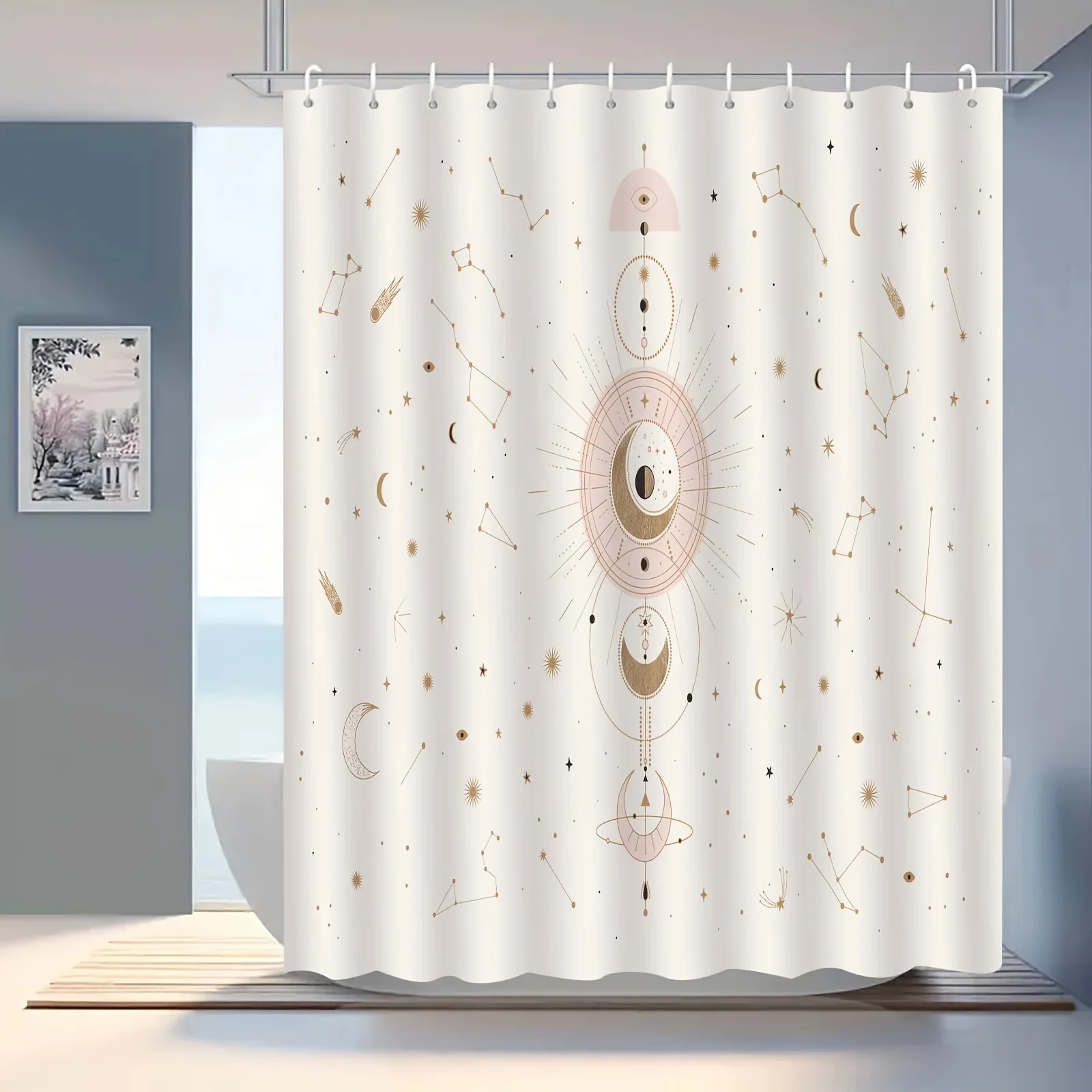 Elegant Astrology-Inspired Shower Drapery with Moon & Sun Design, counter-Fog Bathroom Decor with Hooks Included, Card reading,