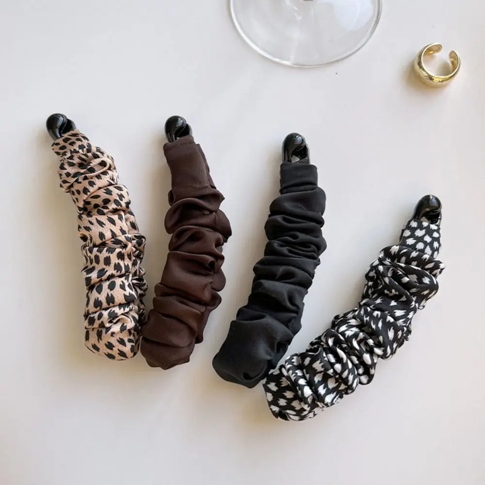 Elegant Korean Style Cloth Banana Clip Leopard Print Ponytail Holder Vertical Clip Hair Claw Headdress Bowknot Hair Clip Women