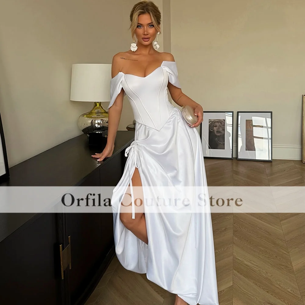 White Wedding Dresses For Brides Off The Shoulder Mix Style Satin Bridal Gowns With Sleeves Saudi Arabic Party Gowns Customized