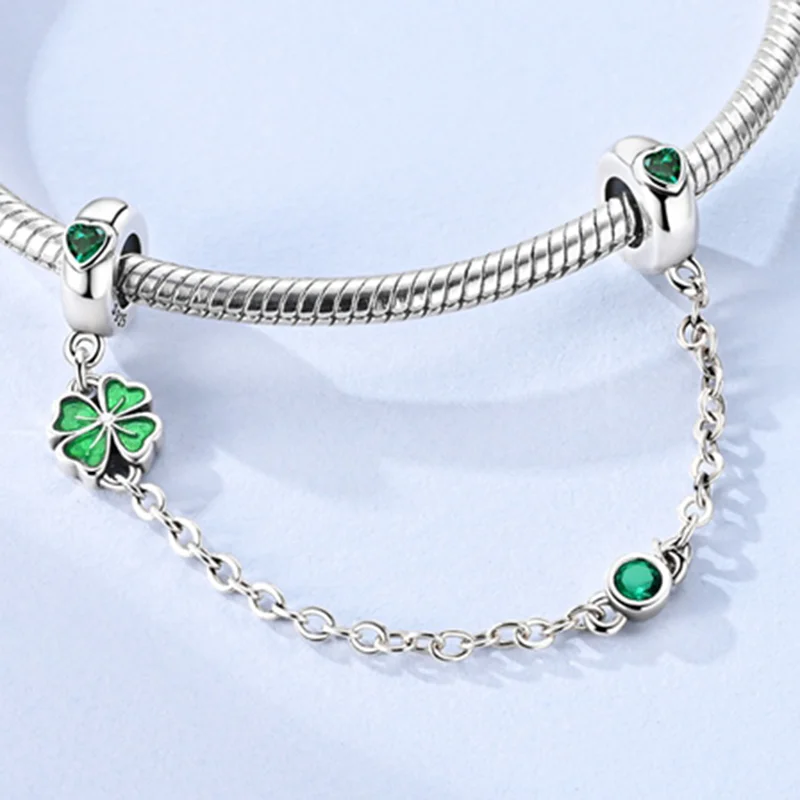 

Green Four-leaf Clover Pendant Safety Chain Charms Beads Fit Bracelet Original 925 Silver Woman Fashion Jewelry Gifts