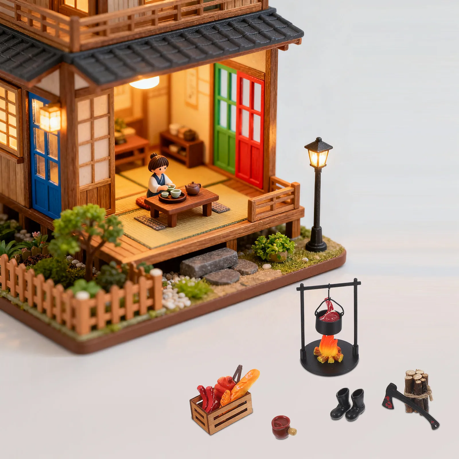 

1Set Miniature Campfire Ornament Realistic Resin Bonfire Mini Wood Stove Fake Steak Cooking Set Micro Landscape Outdoor