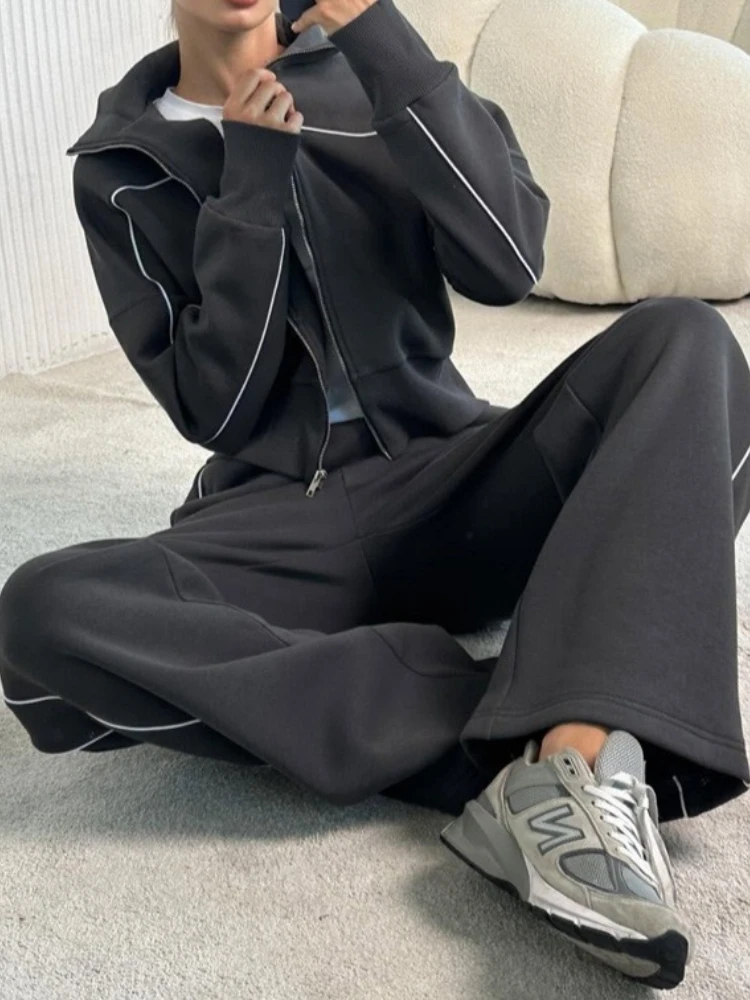 Tuta sportiva primavera autunno per donna Felpa a maniche lunghe con cerniera tinta unita ampia Cappotto Pantaloni con lacci a vita alta Set da 2 pezzi