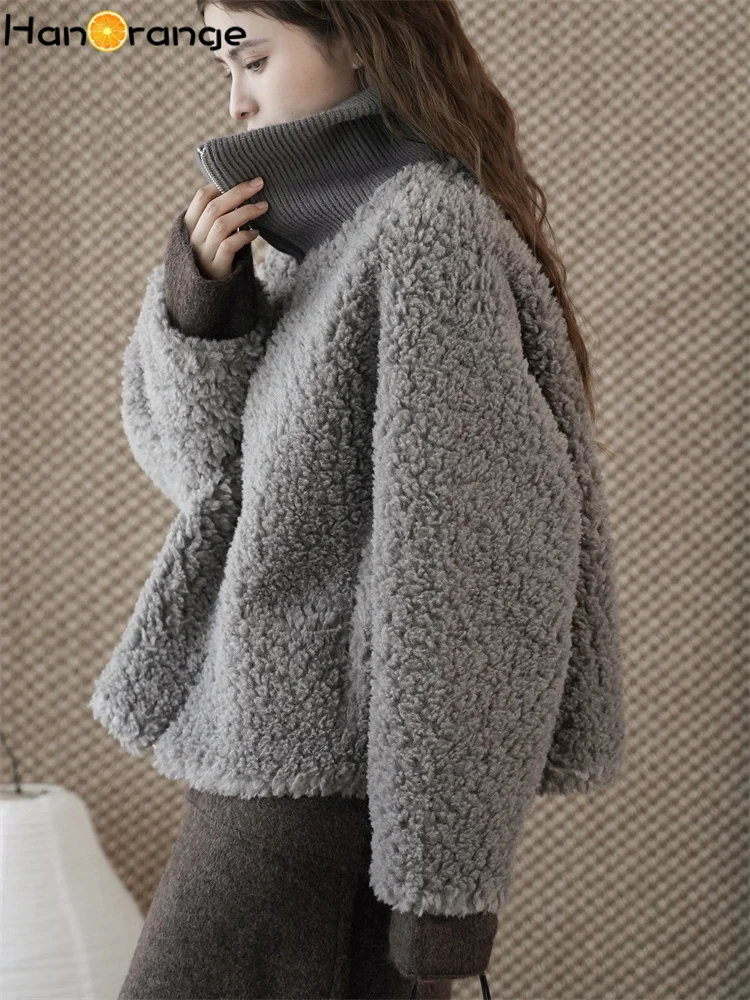 HanOrange 2025, зимняя ретро ленивая плюшевая куртка с воротником-стойкой и полумолнией, искусственная куртка из овечьей шерсти, свободное теплое пальто, дымчато-серый/шоколадный цвет