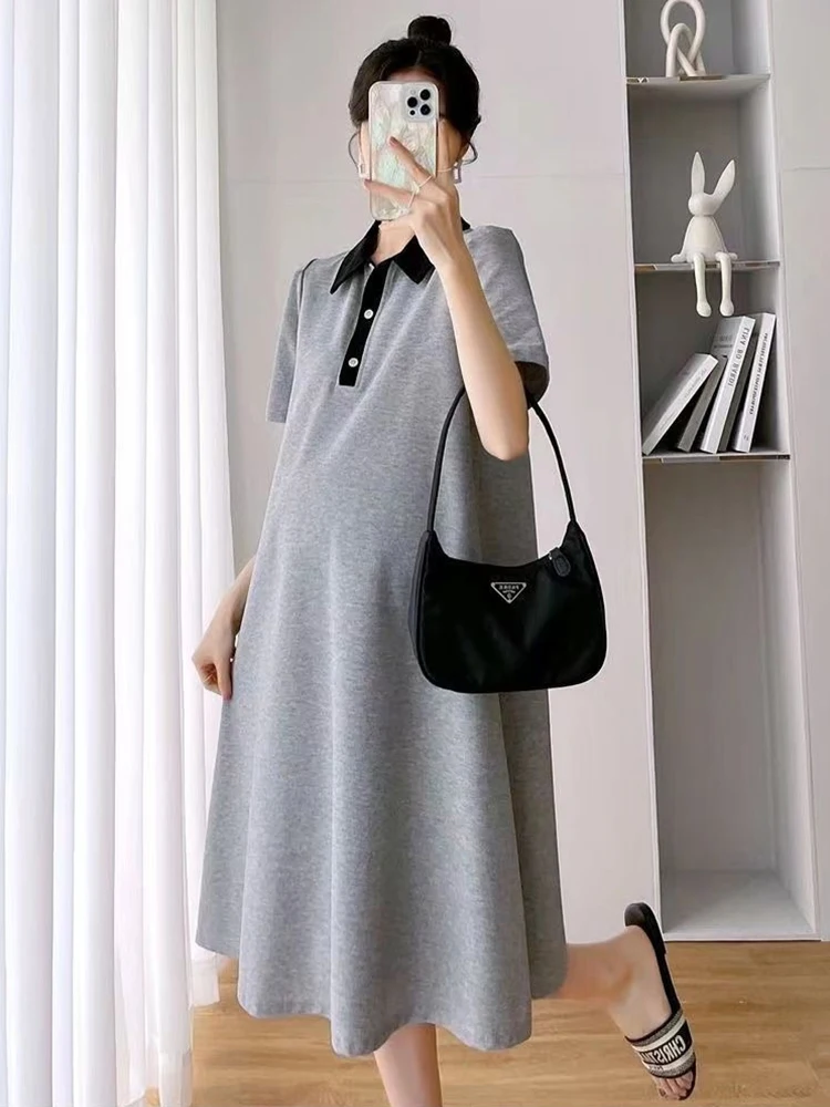 Maternity Summer Dress Set Korean Polo Shirt Maternity Dress Preppy Style Solid Color Dress Stretched Maternity Casual Dress