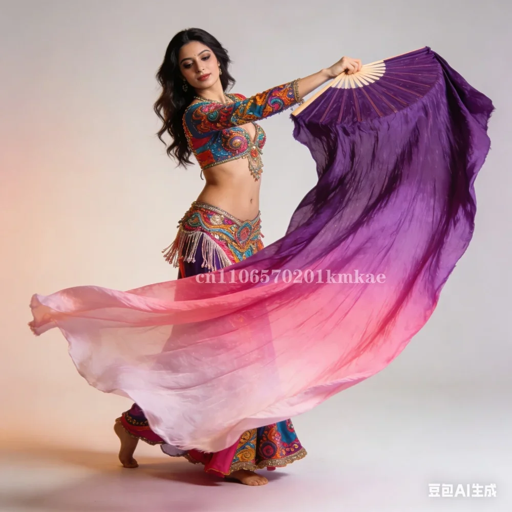 1Pair 100% Silk Bellydance Fans Veils Gradient Color Oriental Dance Church Worship Long Silk Dance Fan Veils Stage Performance
