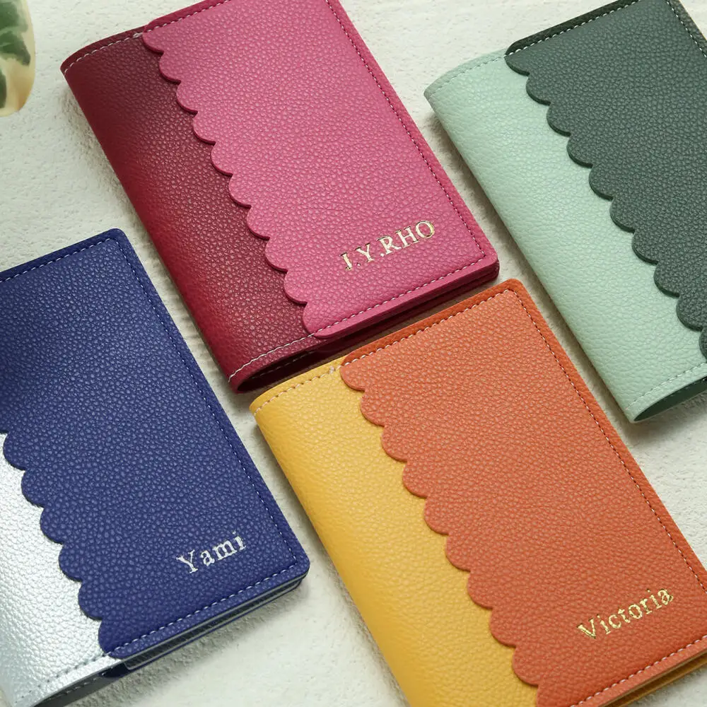 Custom Name Scalloped Edge Passport Cover Lychee Grain Pu Leather Travel Document Organizer with Multi-Card Slots Travel Gift