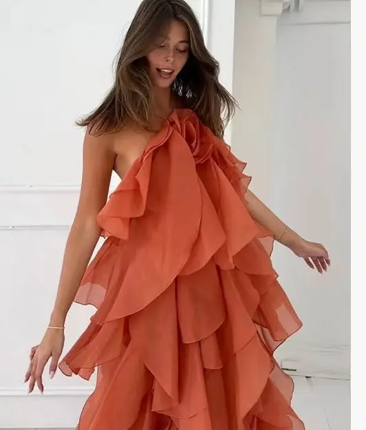 Praia camada babados vestido longo feminino 3d flor sem costas sem mangas fino ajuste maxi vestidos femininos 2025 verão senhora festa robes