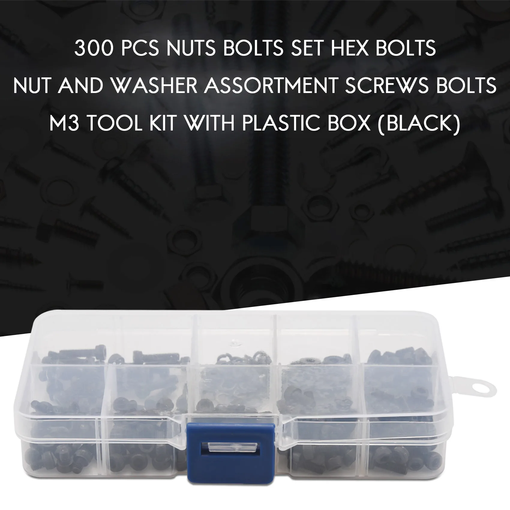 300 Pcs Nuts Bolts Set Hex Bolts Nut and Washer Assortment Screws Bolts M3 Tool Kit with Plastic Box (Black)