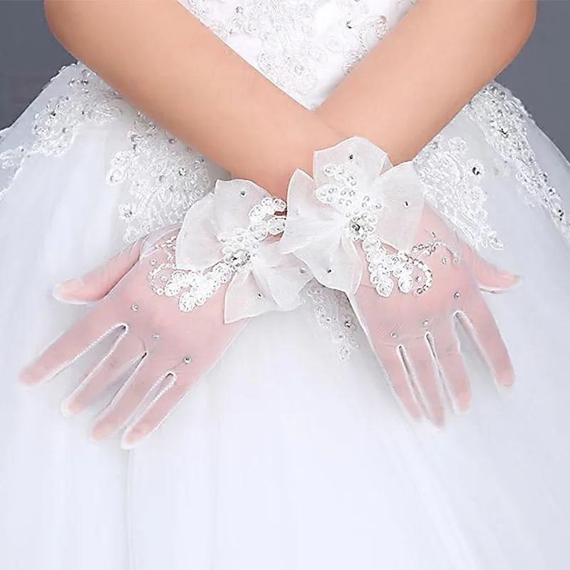 Guantes de encaje cortos con lazo de diamantes de imitación para novia, guantes de Boda sin dedos para novia