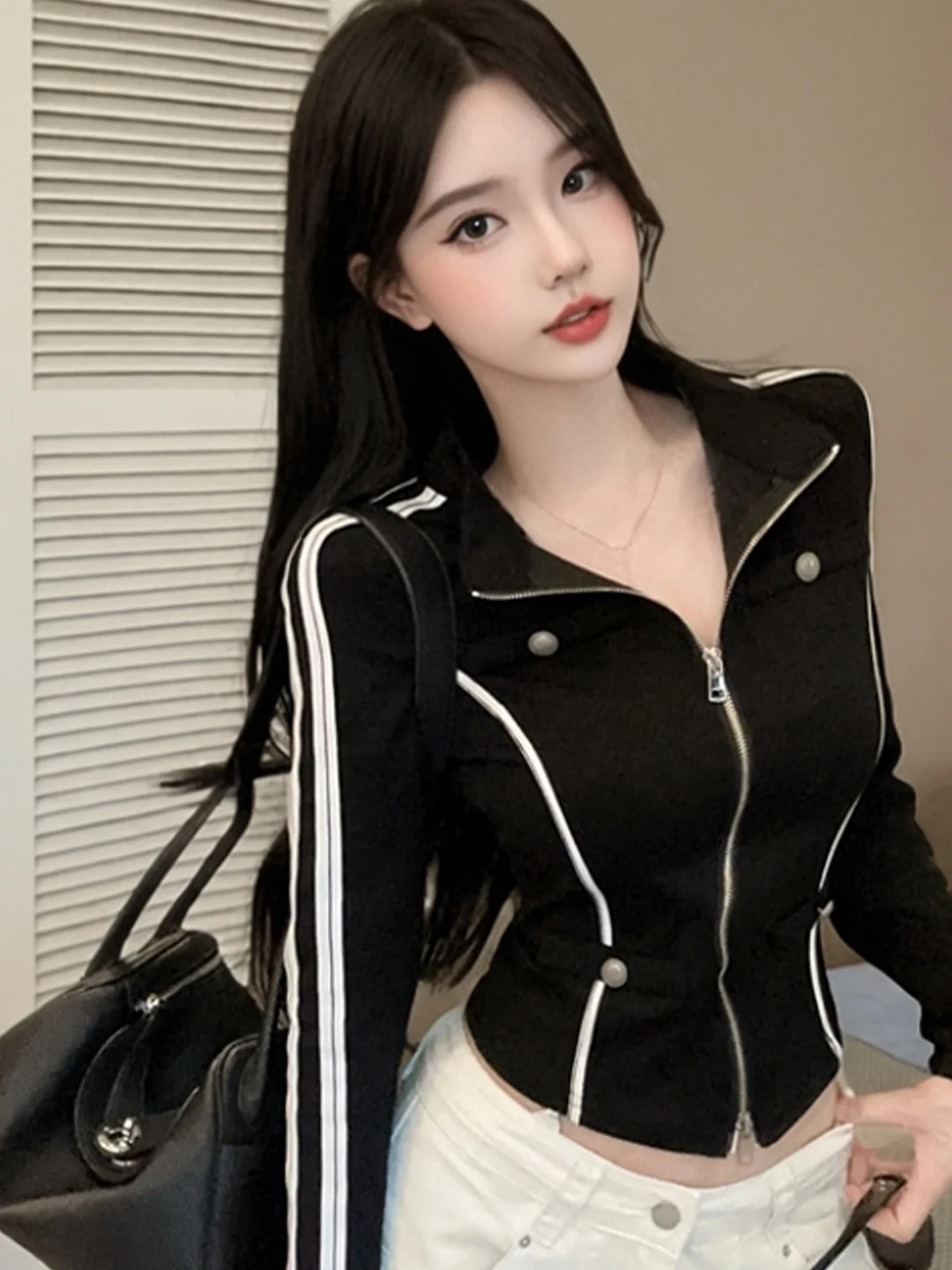 

Fashionable Short Double Zipper Striped Jacket High Waist Slim Fit Knitted Long Sleeve Stand Collar Contrast Color Top for Women