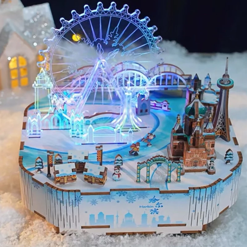 DIY Wooden Model Building Kits Ice and Snow Music Box Can Move with Lights Ferris Wheel 3D Puzzles for Adults Birthday Gifts