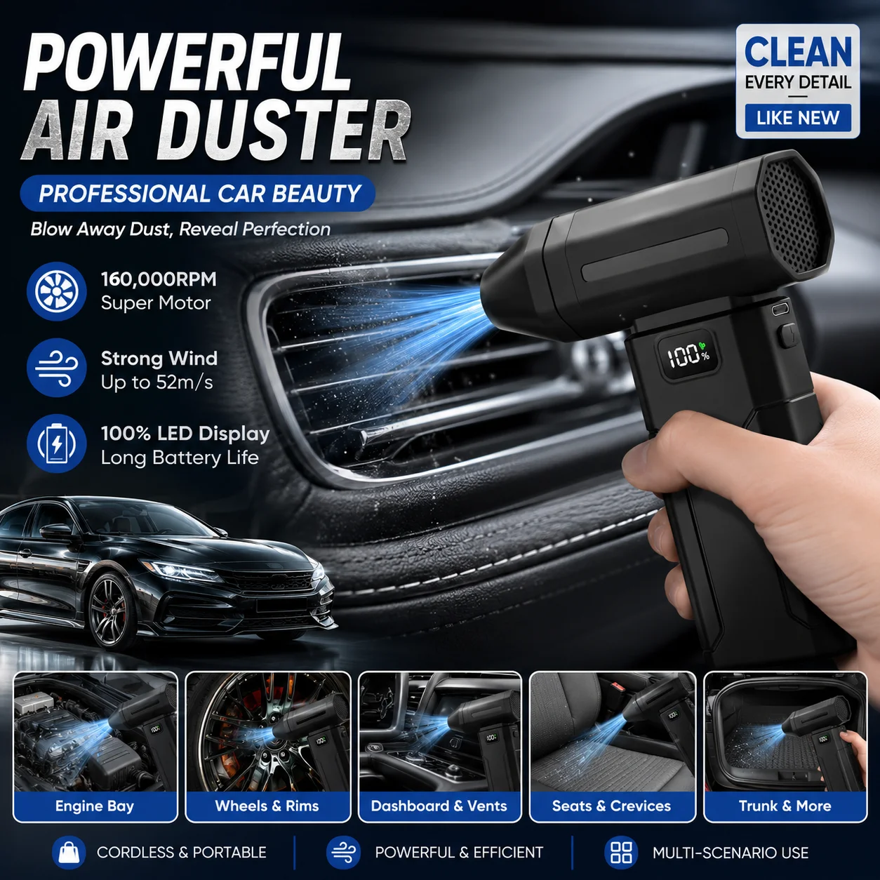 Ventilador Turbo Sem Escovas 180000RPM, Soprador de Ar Elétrico Potente, Aspirador de Poeira Portátil, Ventilador Violento para Neve