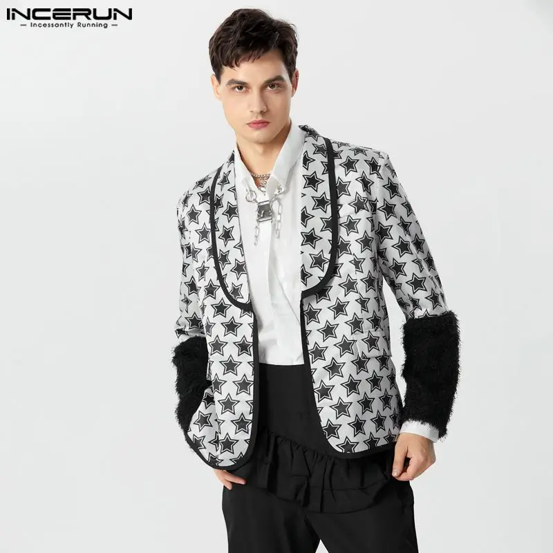 

INCERUN Tops 2023 American Style Men's Funny Star Printed Patchwork Plush Cuffs Design Suit Casual Fashion Hot Sale Blazer S-5XL