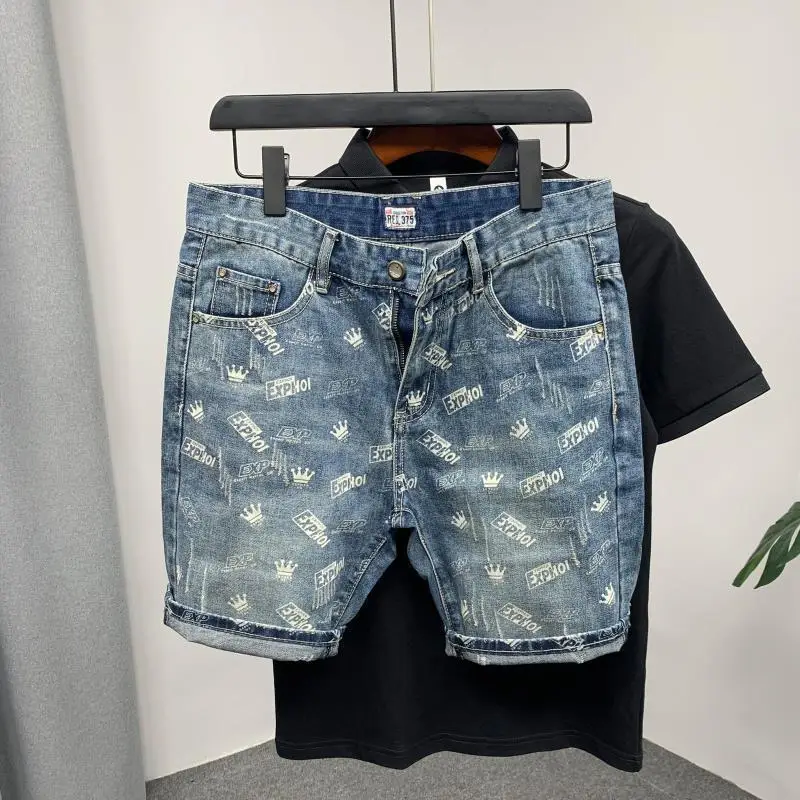 Short Jeans Pants for Men with Text Pockets Graphic Original Man Denim Shorts Distressed Stretch Thin Buttons Streetwear Summer