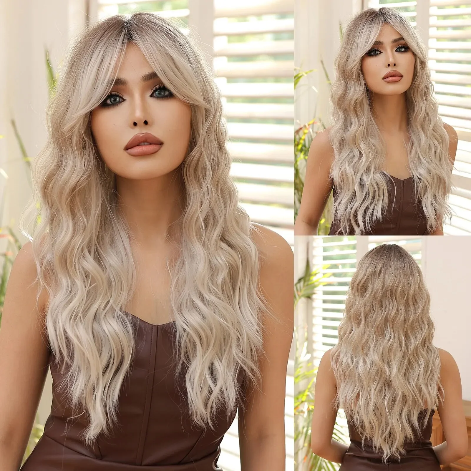 

Blonde Ombre Synthetic Wigs with Long Bangs Long Curly Wavy Natural Hair Wigs for Afro Women Daily Party Heat Resistant