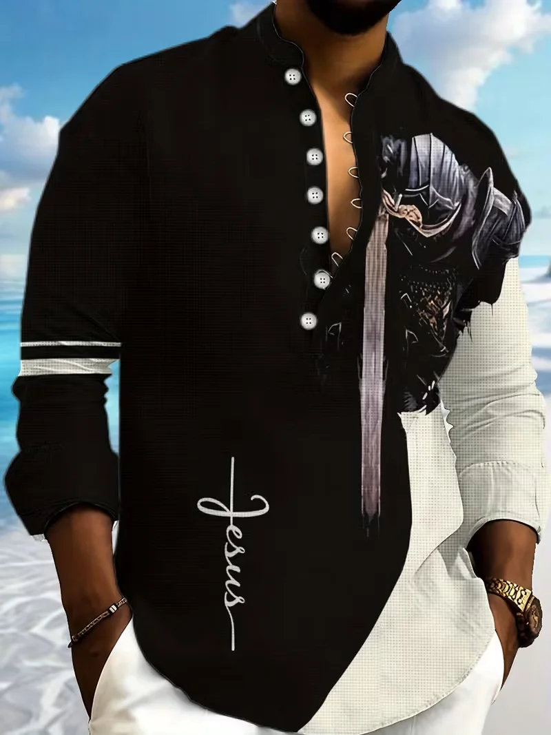 Новая мужская повседневная льняная рубашка с воротником Генри и этническим цветочным принтом, мужская рубашка высокого качества, подходящий для повседневных топов