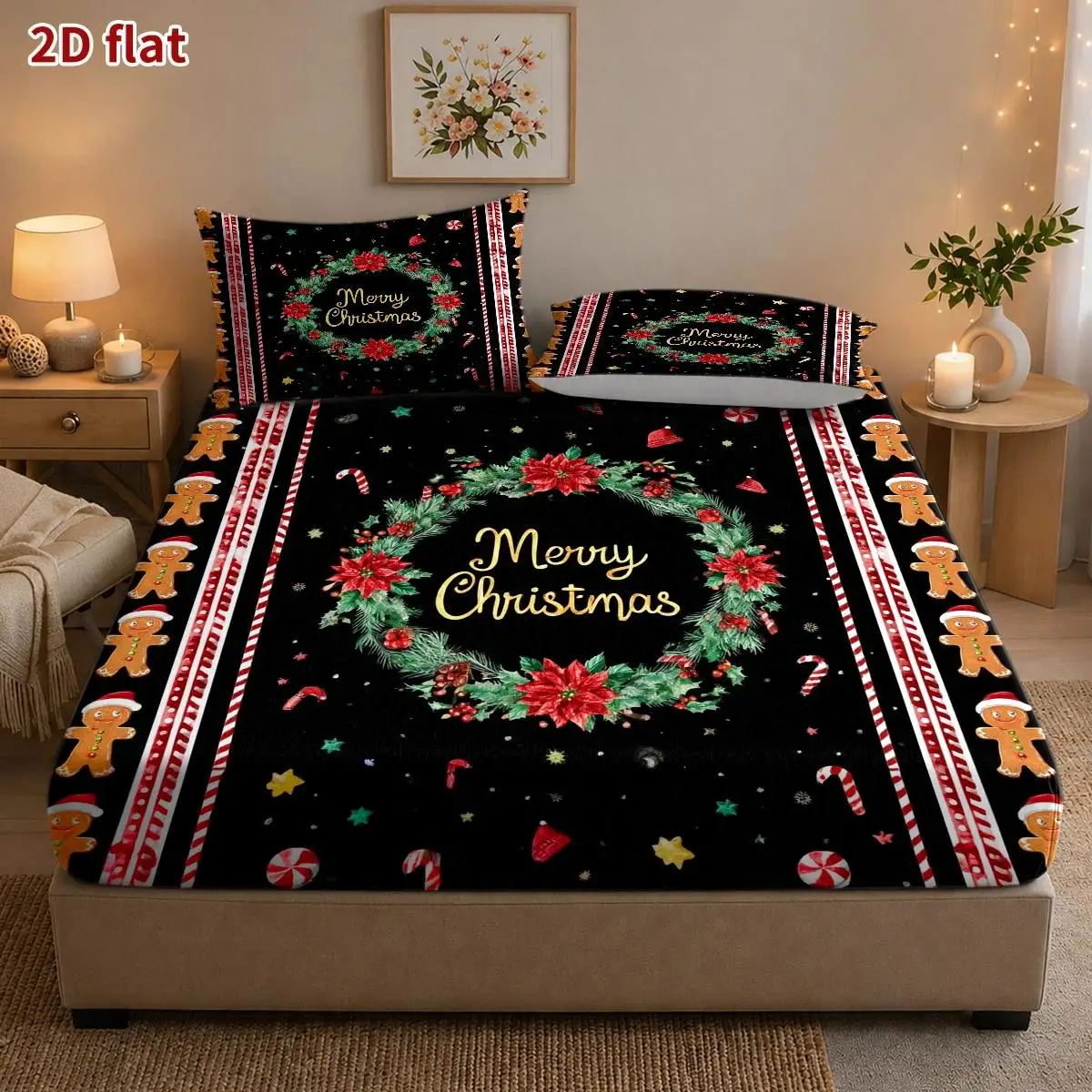 New Printed Three-Piece Bedding Set (Includes 1 Fitted Sheet + 2 Pillowcases) Mattress Protector 2D Flat Priting, Mattress Cover, Watercolor Hand-Painted Style, Merry Christmas Fitted Sheet Style, Elastic Protector, Holiday Decoration, Various Sizes, Breathable Protector with Pillowcase