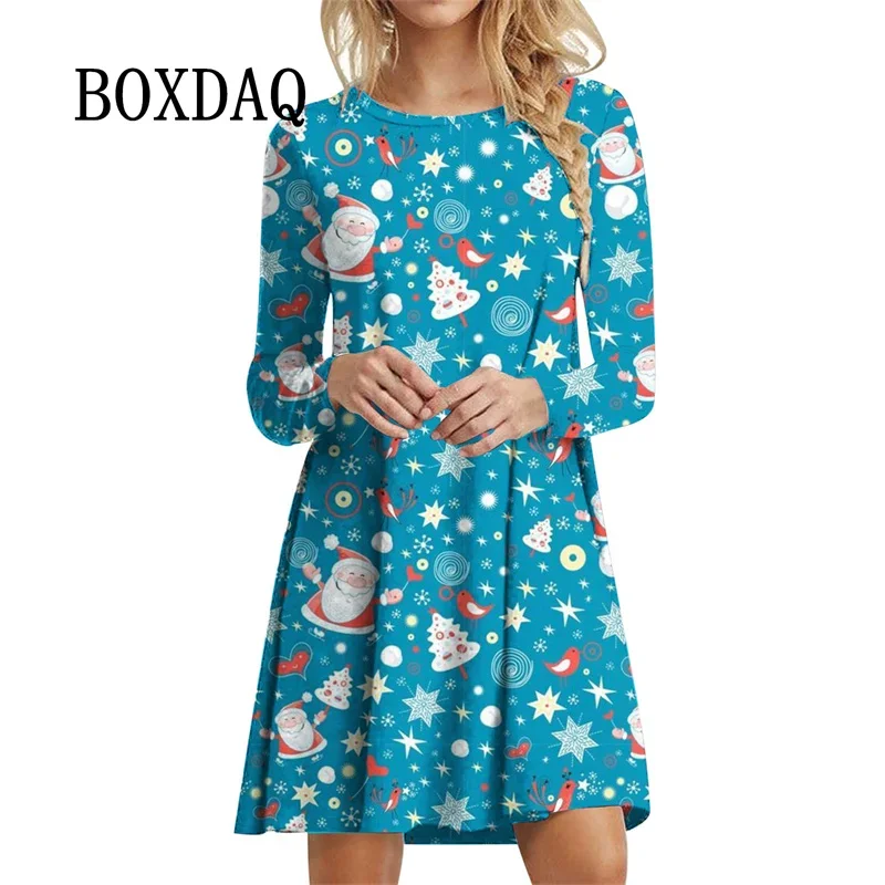 Cute Sweet Christmas Party Autumn Clothing For Women Santa Claus 3D Print Long Sleeve A-Line Dress Casual Loose Mini Dress Femme