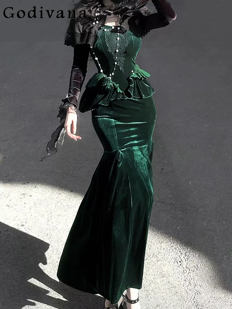 

French New Retro Ruffles Lace-Up Fishtail Dress Temperament Girl Birthday Party High Waist Elegant Lolita Long Evening Dresses