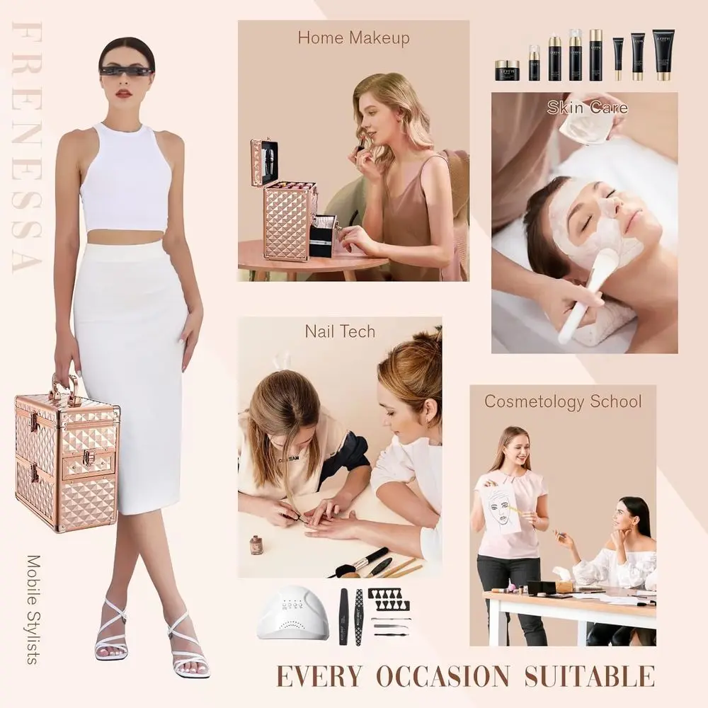 Estojo de trem de maquiagem extra grande em ouro rosa com gaveta, espelho e divisórias para cosmetologistas profissionais e técnicos de unhas