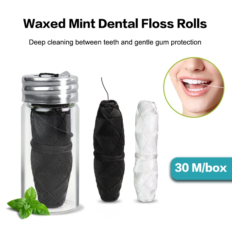 30m Vegan Biodegradable Bamboo Charcoal Dental Floss With Refillable Glass Holder Mint Flavored Tiny Floss (Black,White)