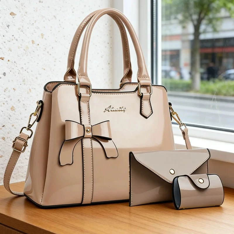 High-texture glossy women's handbag, large-capacity bowknot 3-piece bag set, versatile for commuting and casual use