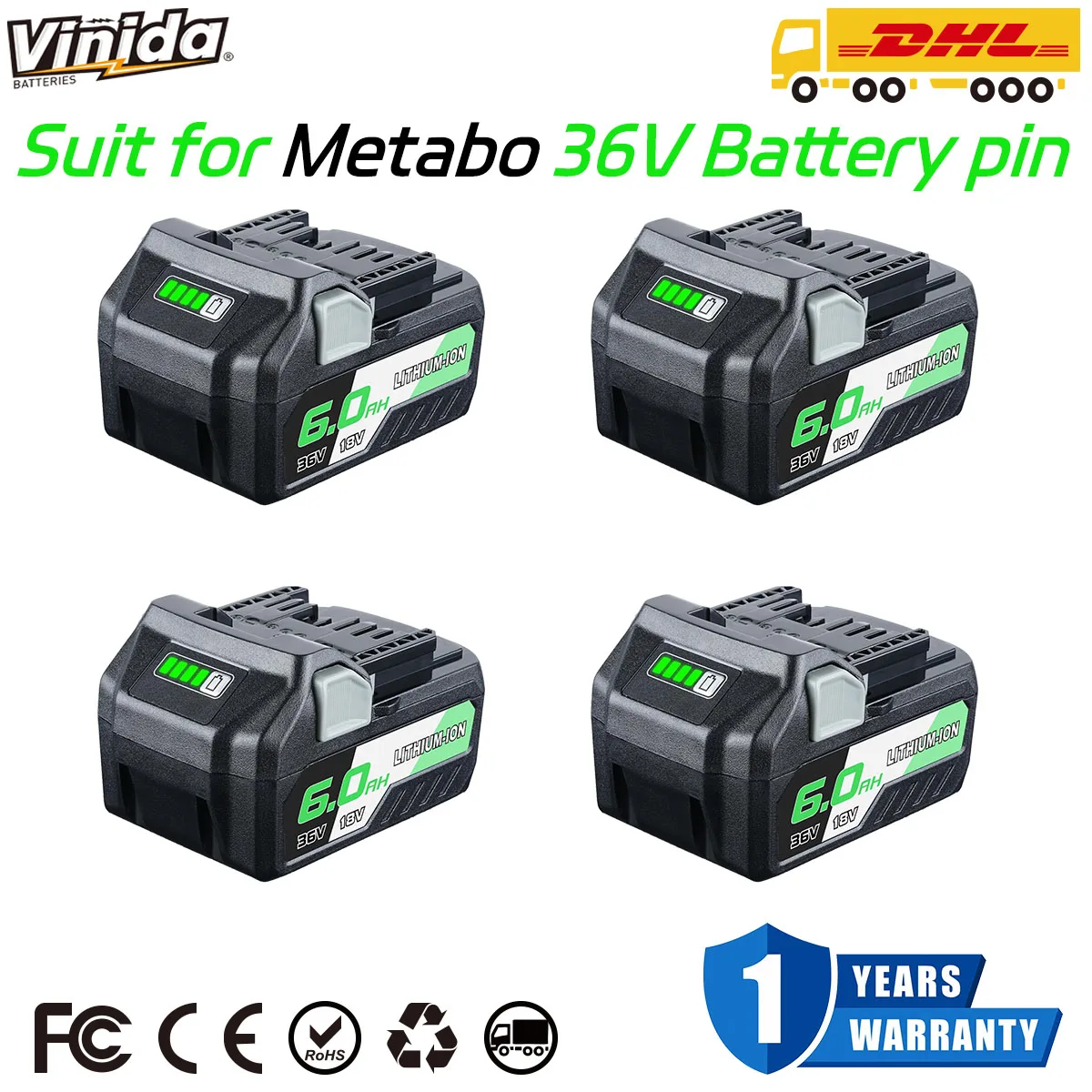 

Аккумулятор VINIDA 1/2/4 шт. BSL36B18 18В/36В литиевый, замена для Metabo 371751M 372121M BSL36A18, для беспроводных электроинструментов