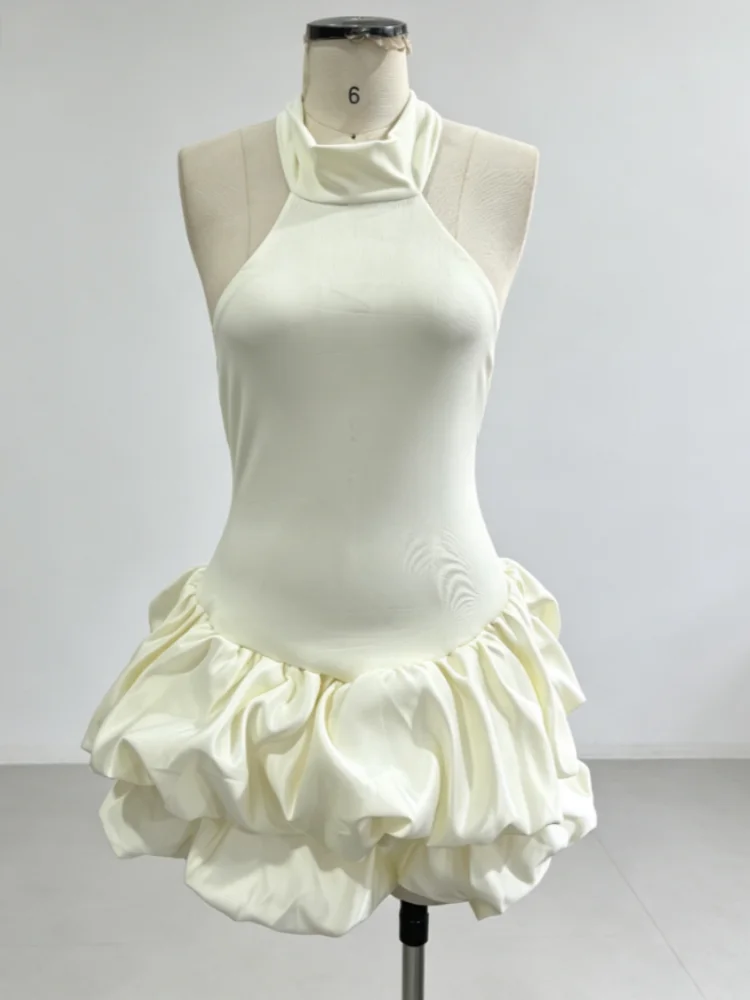 Elegantes Einfarbiges Neckholder-Minikleid mit Rückenausschnitt, Süßer Verzierter Stufenrock mit Rüschen, Damenkleid für Abendpartys, Club und Abschlussball – Detail 2