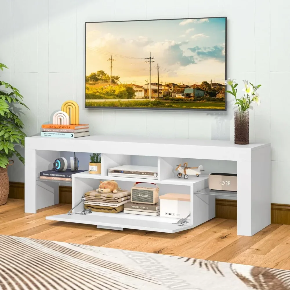 

White LED TV Stand with Large Storage Drawer, Modern TV Console Table with Entertainment Center for Living Room, Bedroom, White