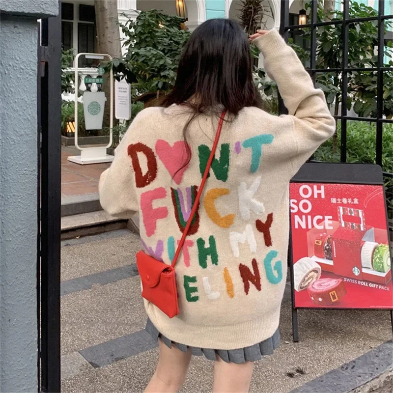 

Knit Sweaters Women Colorful Letter Pullovers Autumn Winter New Loose College O-neck Long Sleeve Age-reducing Stylish Vitality