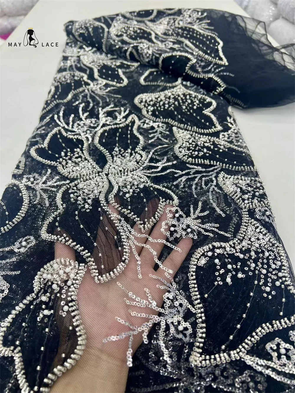 

Black 2025 High Quality French Tulle Sequins Net Lace Fabric African Beaded Lace Fabric Nigeria For Wedding Dress Party Sewing