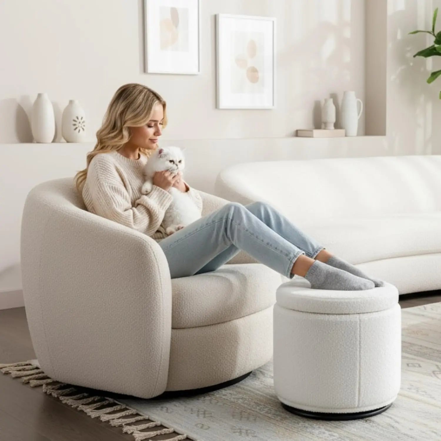 Boucle Ottoman Storage Round Stool Swivel Vanity Chair Foldable Back Makeup Stool Bedroom Living Room White, Customized