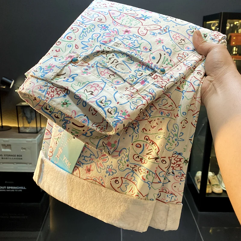 American retro high street jeans men's loose straight leg casual fashion printed design sense wide leg casual long pants