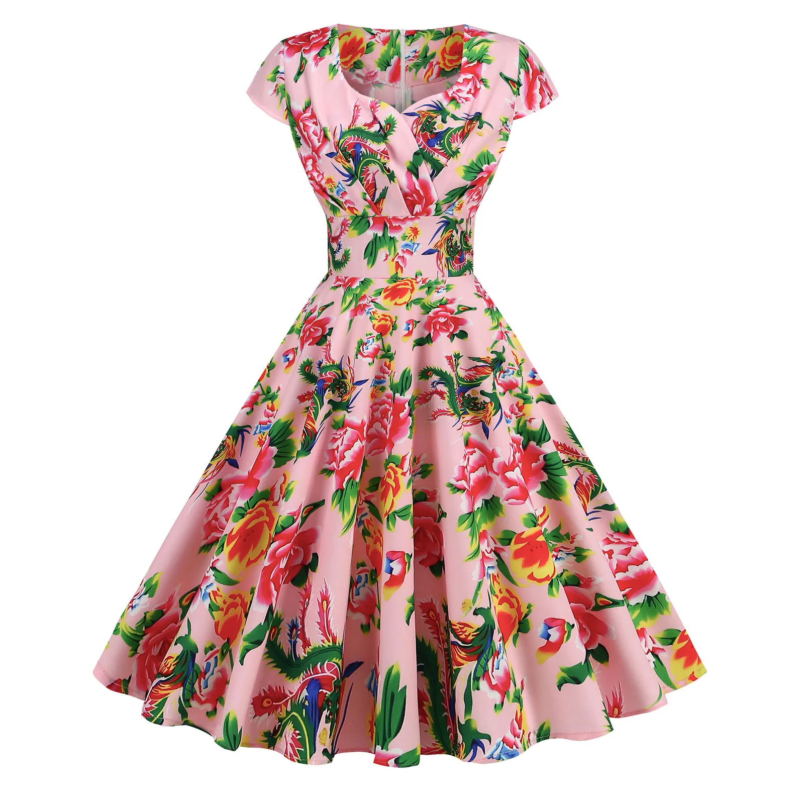 Vestido informal para mujer, prenda de manga corta con cuello en V, estampado Floral, dobladillo oscilante, para fiesta de noche y graduación, 1950