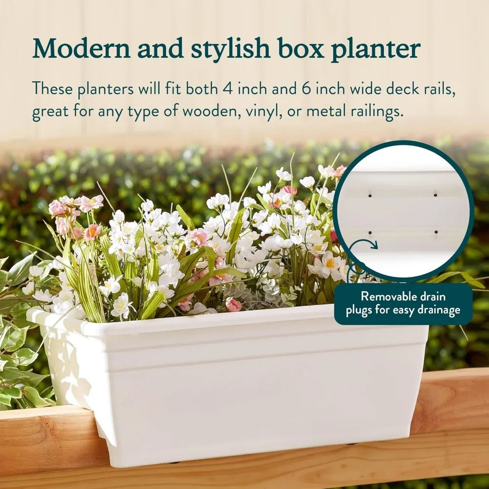 HC Companies 24 inches Deck Rail Box Planter with Easy Drainage Holes, Mounted Garden Flower Planter Boxes, White, Plastic, 4 Pa