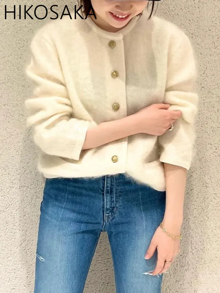 Japan Style Solid Furry Cardigan O-neck Single Breasted Mohair Sweater Women Autumn Winter New Sweet Loose Jumpers Ladies Tops