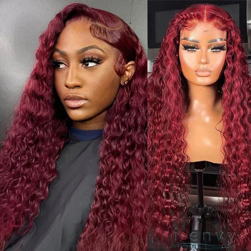 13x6 Water Wave Burgundy Human Hair Lace Frontal Wigs 99j Red Colored Wig For Women Brazilian 34 Inch Curly Wave Lace Front Wig