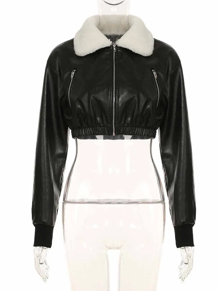 BKQU chaqueta de piel sintética con cremallera para mujer, abrigo corto informal con cuello de piel y solapa de manga larga, prendas de vestir de calle a la moda para Moto y motociclista 2025