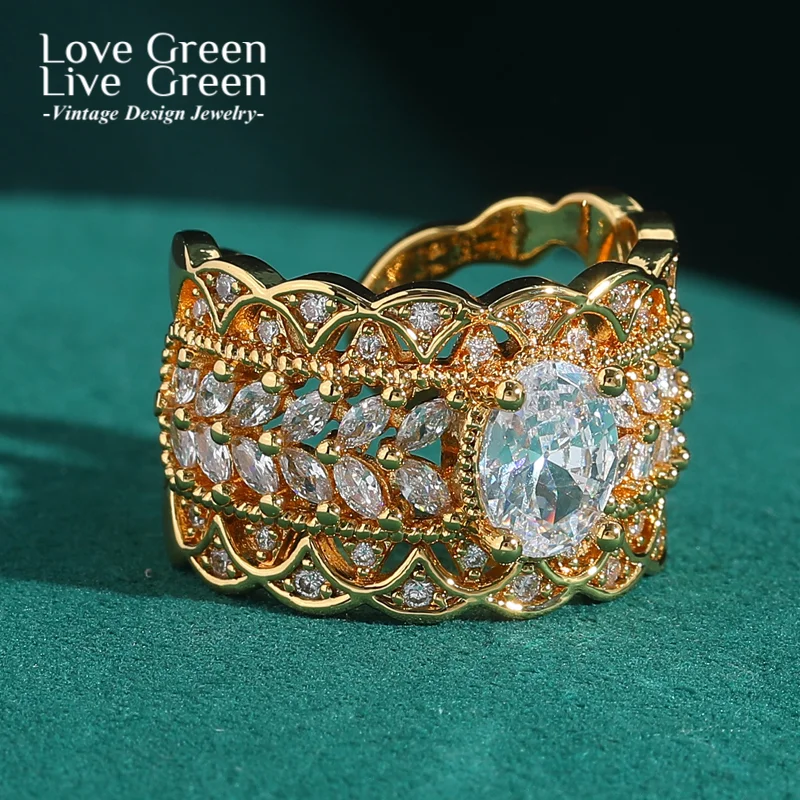 

Vintage Large Cubic Zirconia Ring For Woman Wedding Engagement Gold Color Open Luxury Dubai Jewelry Accessories Trends 2025 New