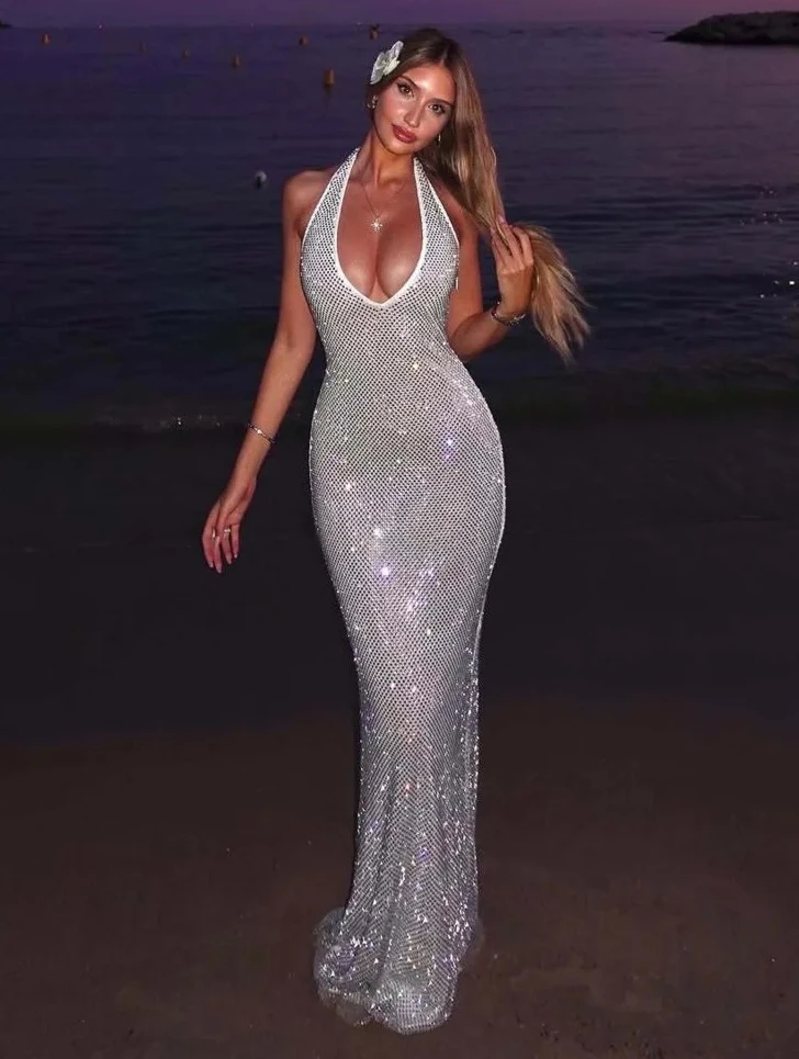 

Блестящие блестки для ночного клуба с глубоким V-образным вырезом и открытой спиной, сексуальное вечернее платье, женское летнее платье с лямкой на шее, тонкие облегающие длинные платья макси