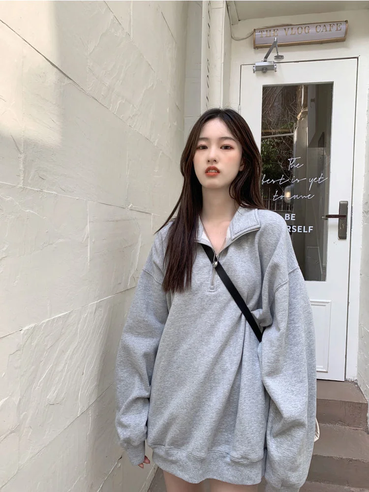 QWEEK Casual Oversized Sweatshirts Women Korean Fashion Kpop Polo Collar Grey Solid Pullovers 2022 Autumn Streetwear