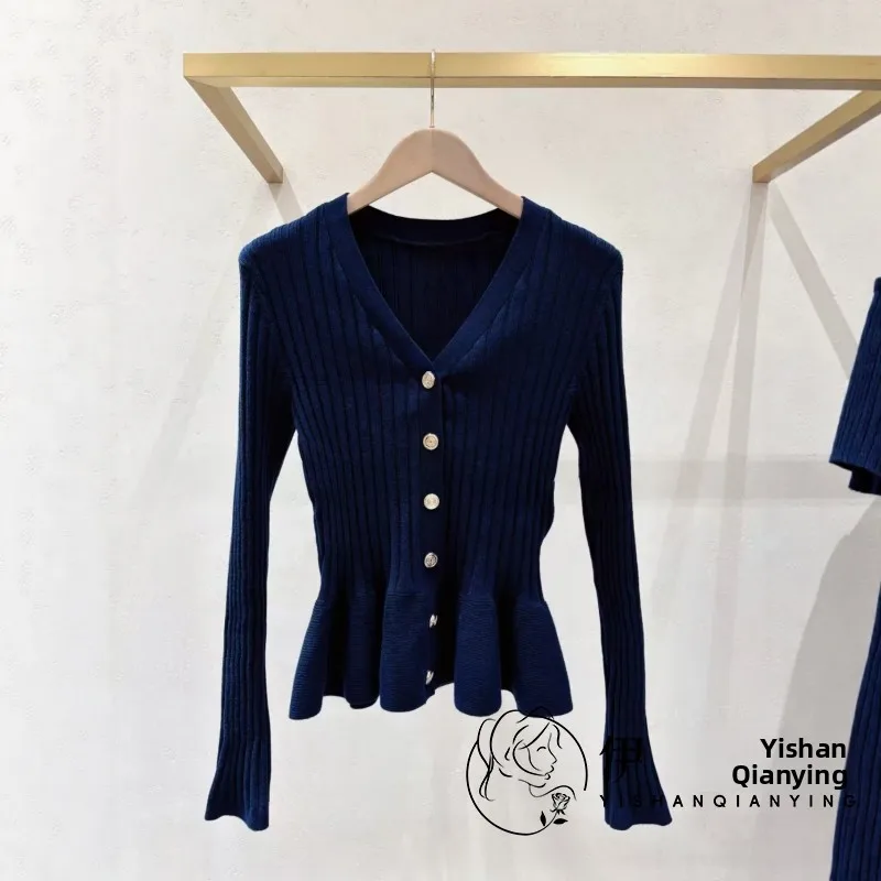 

V-Ne Вязаный открытый кардиган женский модный топ с застежкой на талии по подолу, французский облегающий длинный све