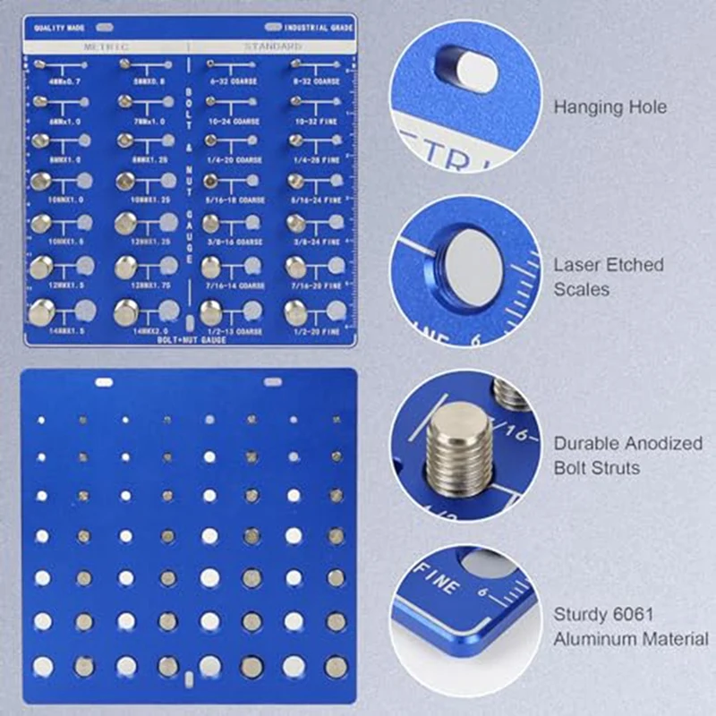 Square Thread Checker, Nut And Bolt Thread Checker, Bolt Size And Thread Identifier Gauge,Bolt And Nut Gauge Easy To Use (Blue)