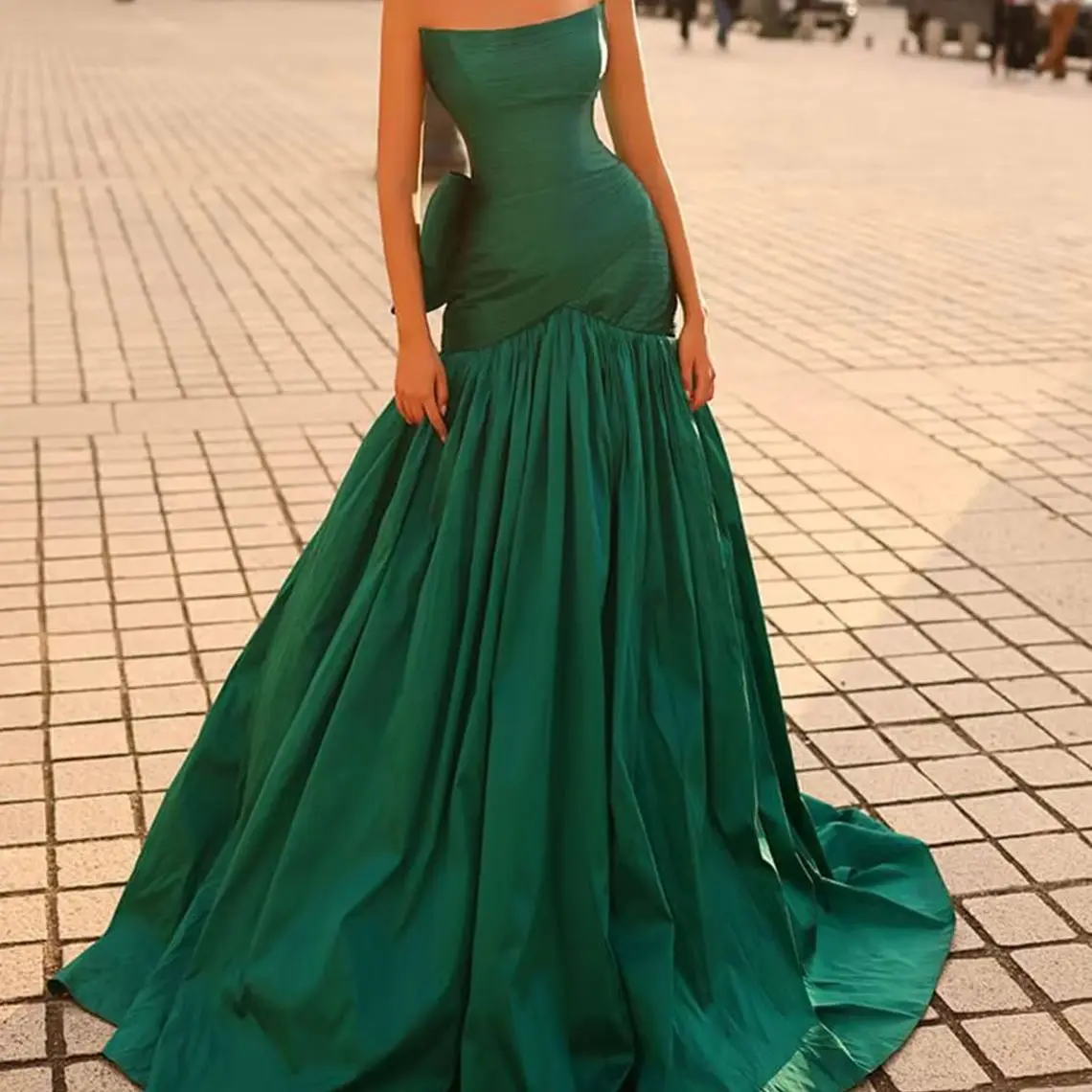 Remote Moon Green Strapless Satin Evening Dresses with Bow Back Ball Gown Floor-Length Wedding Guest Prom Gowns MN589 Customized